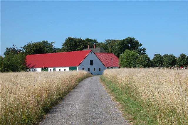 Langer Hof mit rotem Dach am Ende eines Feldwegs